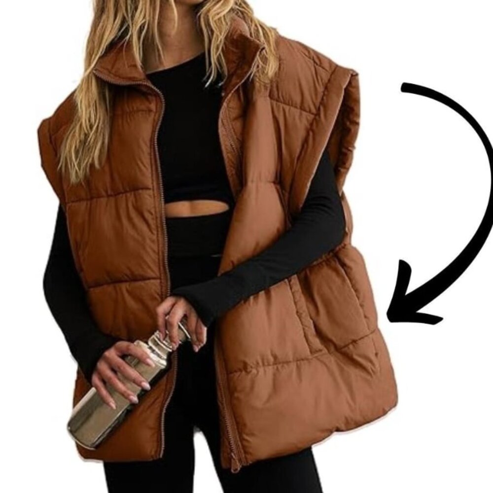 PrettyGarden Women's Puffer Vest Zip Up Sleeveless Brown Medium Lightweight